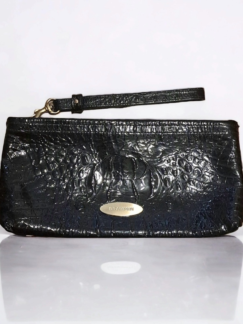 Brahmin Rosalyn Black Croc-Embossed Leather Wristlet